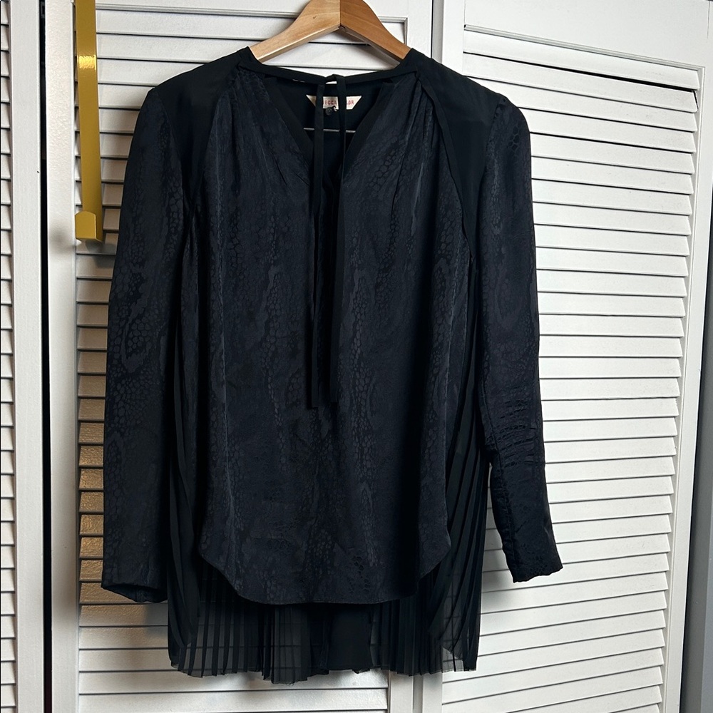 Rebecca Taylor Elegant Black Blouse with Tie Neck pleated chiffon back size S
